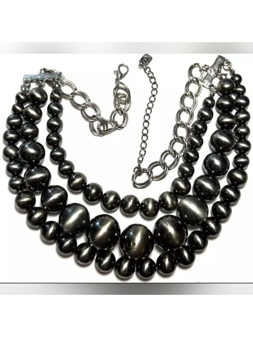 Necklace Signed YOU & I Multi Strand  Grey Silver Tone 18.5"-21"
